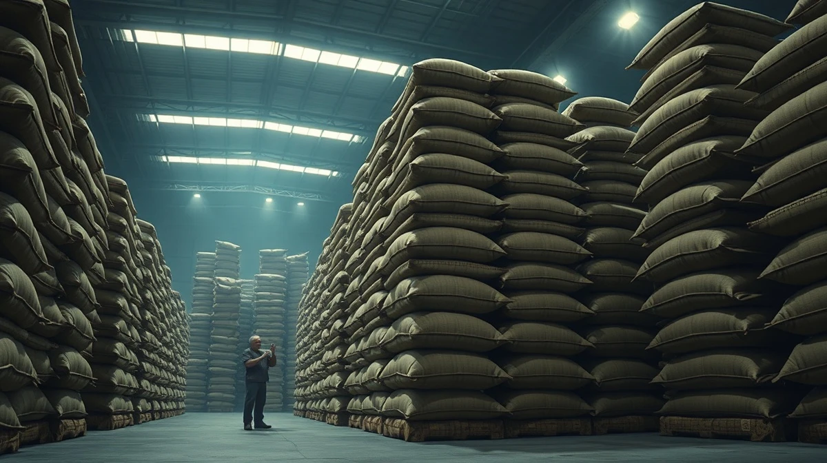 Stacks of burlap coffee bags in a dimly lit warehouse, representing shrinking inventories.