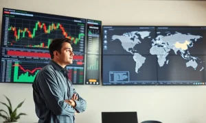 Coffee trader analyzing price charts and global supply data on multiple screens in a modern office