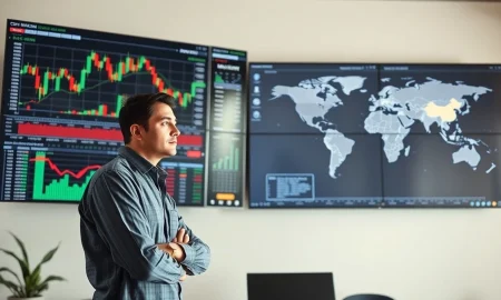 Coffee trader analyzing price charts and global supply data on multiple screens in a modern office