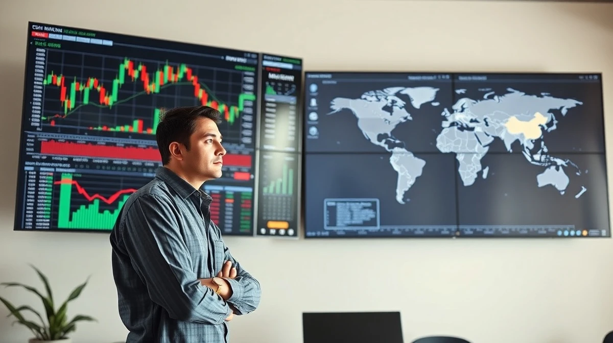 Coffee trader analyzing price charts and global supply data on multiple screens in a modern office