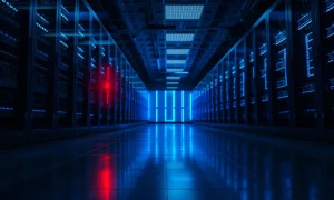 Data center server rack with red warning light indicating critical failure during Coinbase AWS outage