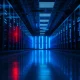 Data center server rack with red warning light indicating critical failure during Coinbase AWS outage