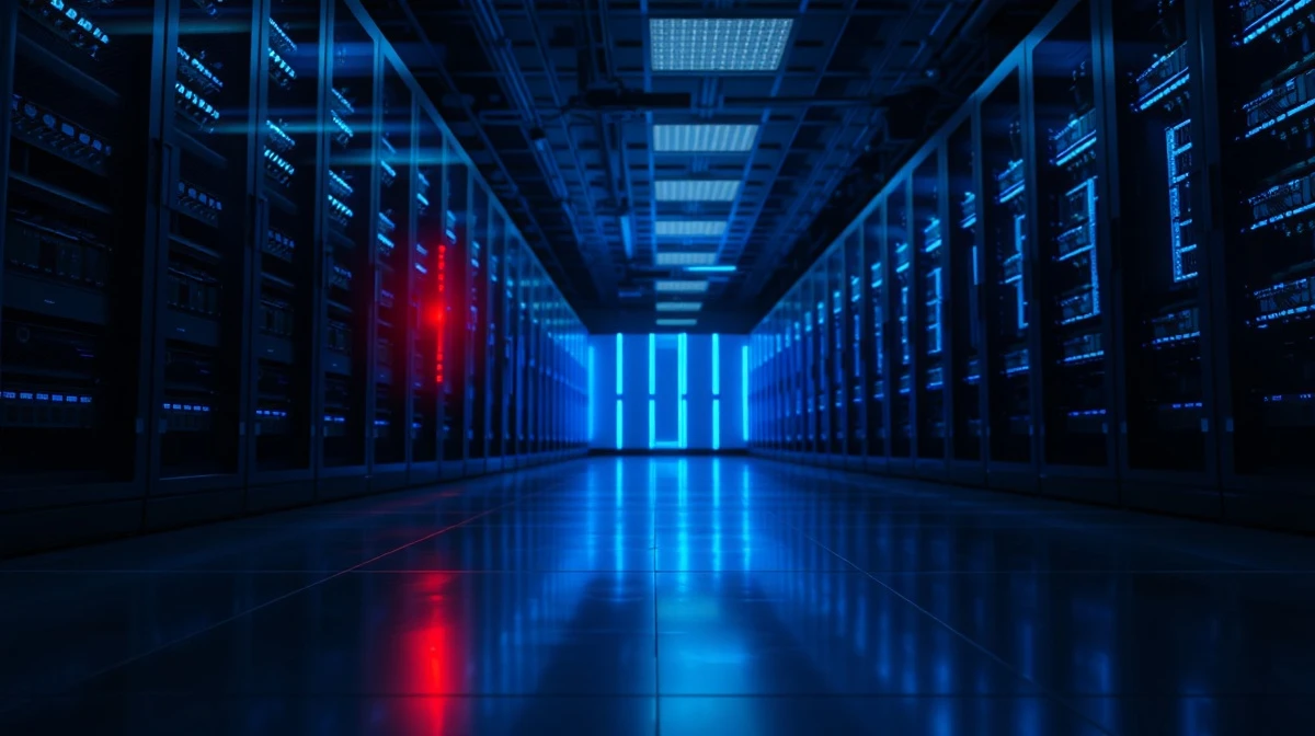 Data center server rack with red warning light indicating critical failure during Coinbase AWS outage