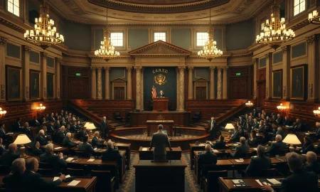 US Senate chamber during session with lawmakers debating financial legislation