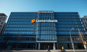 Commerzbank headquarters in Frankfurt, Germany, on a clear day.