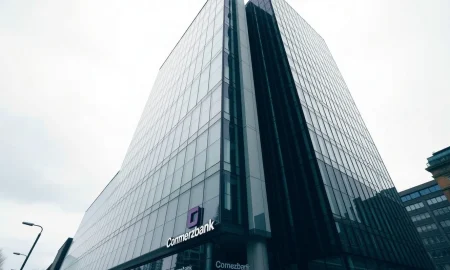 Commerzbank headquarters in Frankfurt, Germany, under overcast sky, symbolizing corporate defense strategy.
