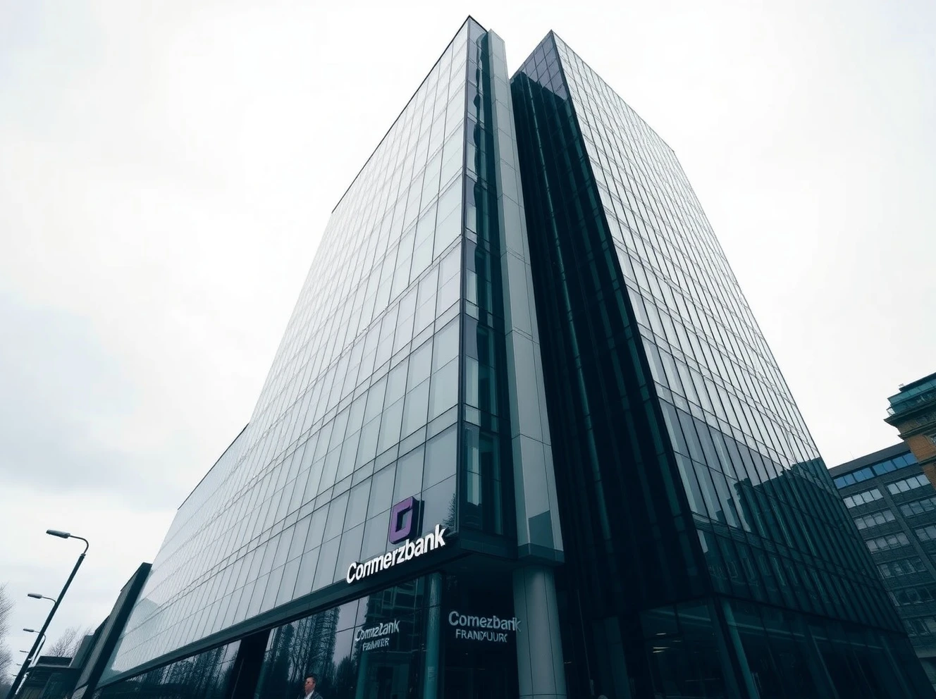 Commerzbank headquarters in Frankfurt, Germany, under overcast sky, symbolizing corporate defense strategy.