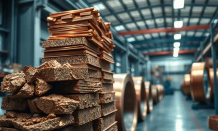 Raw copper ore and refined copper coils in an industrial warehouse setting
