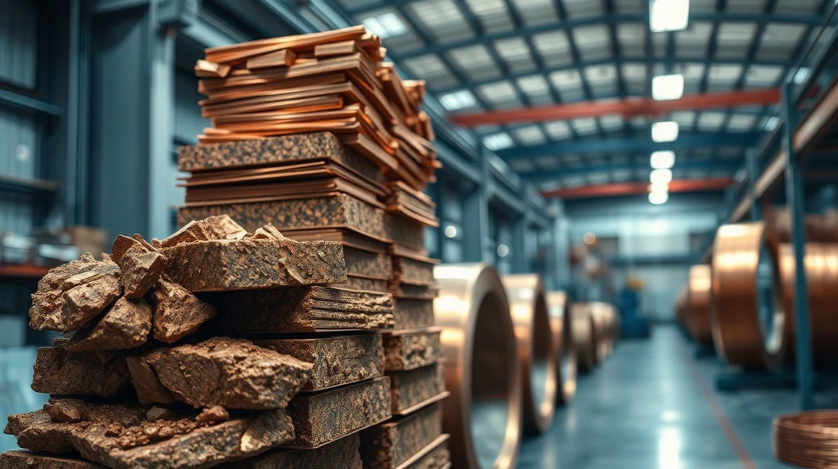 Raw copper ore and refined copper coils in an industrial warehouse setting