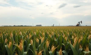 Cornfield with oil refinery in background under cloudy sky representing commodity market weakness.