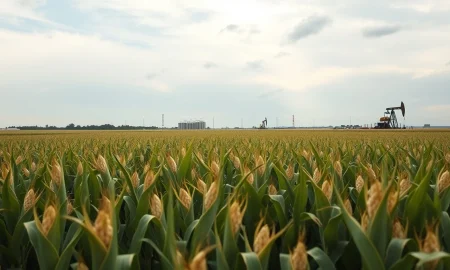 Cornfield with oil refinery in background under cloudy sky representing commodity market weakness.