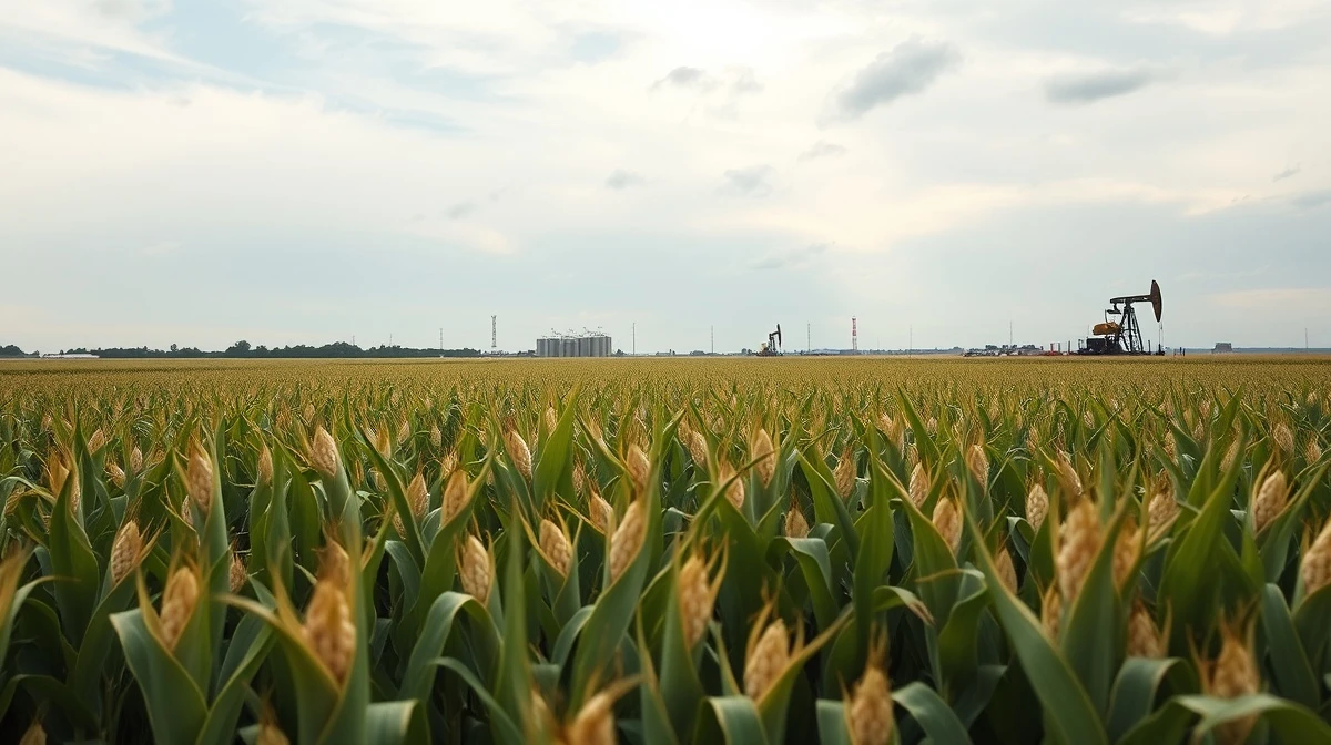 Cornfield with oil refinery in background under cloudy sky representing commodity market weakness.
