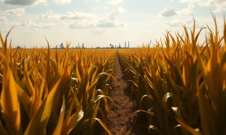 Cornfield with oil refinery in background representing crude oil's impact on corn futures.