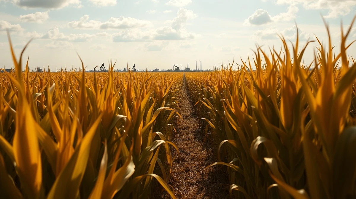 Cornfield with oil refinery in background representing crude oil's impact on corn futures.