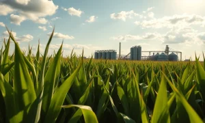 Sunlit cornfield with an ethanol plant in the background under a partly cloudy sky.