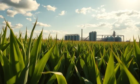 Sunlit cornfield with an ethanol plant in the background under a partly cloudy sky.