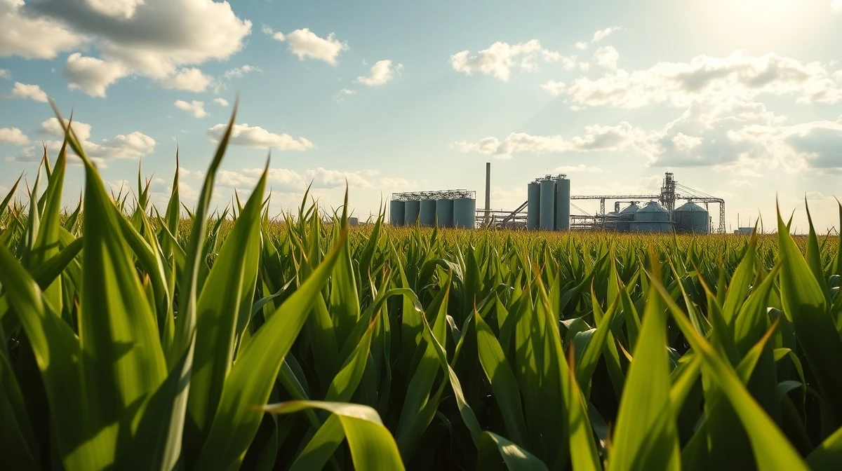Sunlit cornfield with an ethanol plant in the background under a partly cloudy sky.
