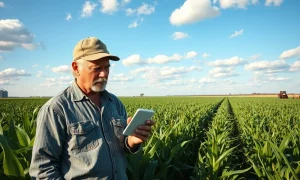 Farmer checking phone showing falling corn prices in a green cornfield under cloudy sky