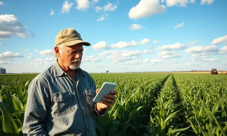 Farmer checking phone showing falling corn prices in a green cornfield under cloudy sky
