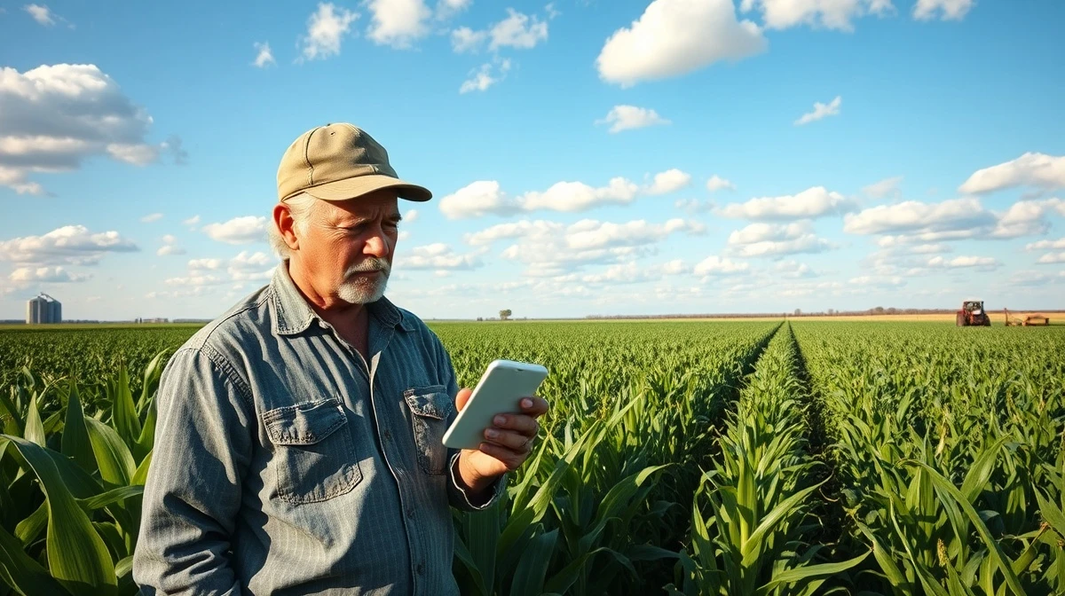 Farmer checking phone showing falling corn prices in a green cornfield under cloudy sky