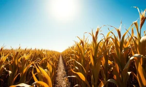 Sunlit cornfield under blue sky representing rising corn futures