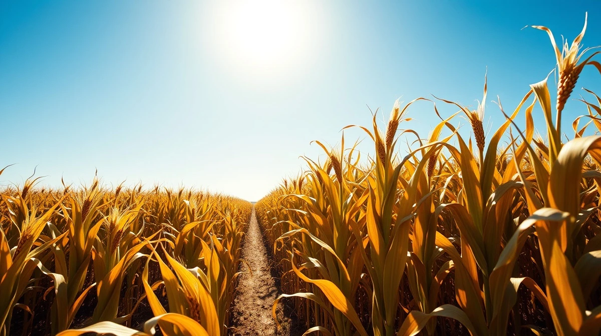 Sunlit cornfield under blue sky representing rising corn futures