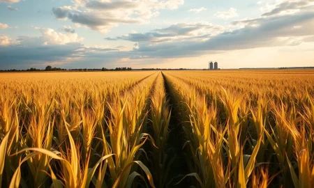 Golden cornfield under late afternoon sky with grain elevator in distance