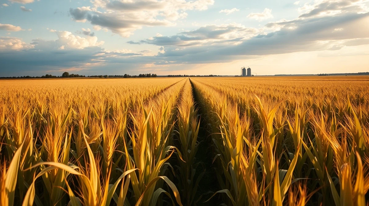 Golden cornfield under late afternoon sky with grain elevator in distance