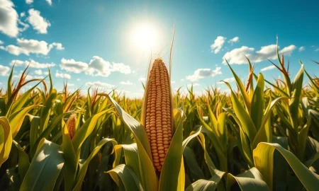 Cornfield under bright midday sun with mature stalks, representing recovering corn futures prices.