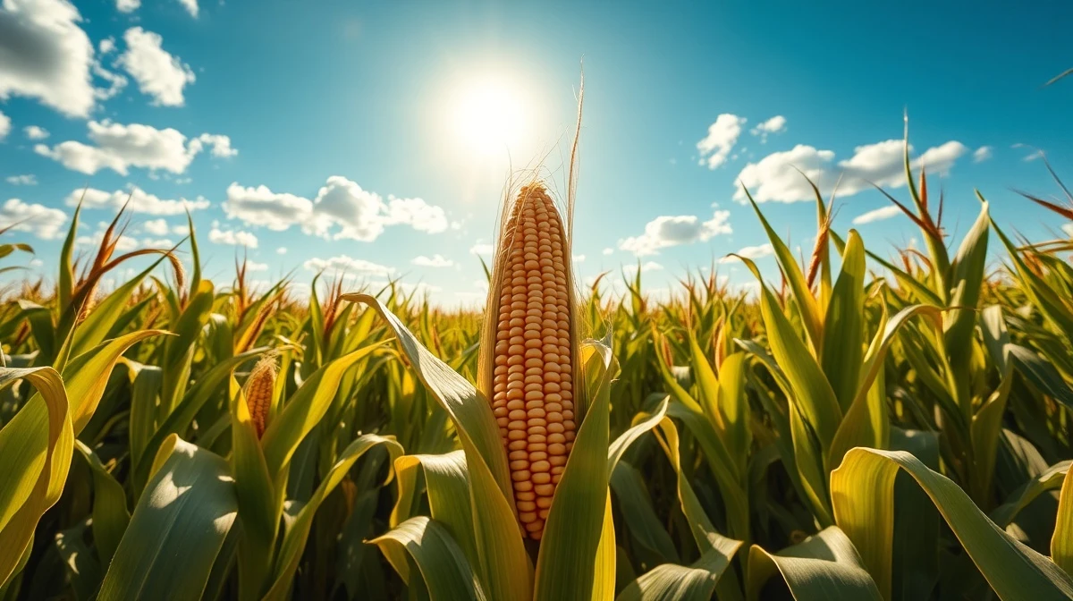 Cornfield under bright midday sun with mature stalks, representing recovering corn futures prices.