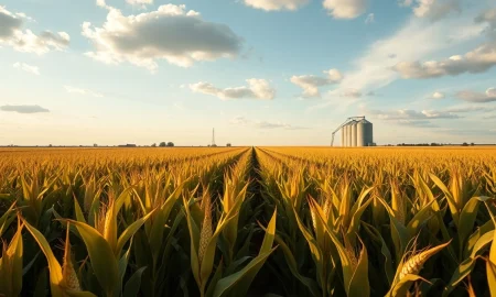 Cornfield under cloudy sky with grain silo in background, representing agricultural commodity markets