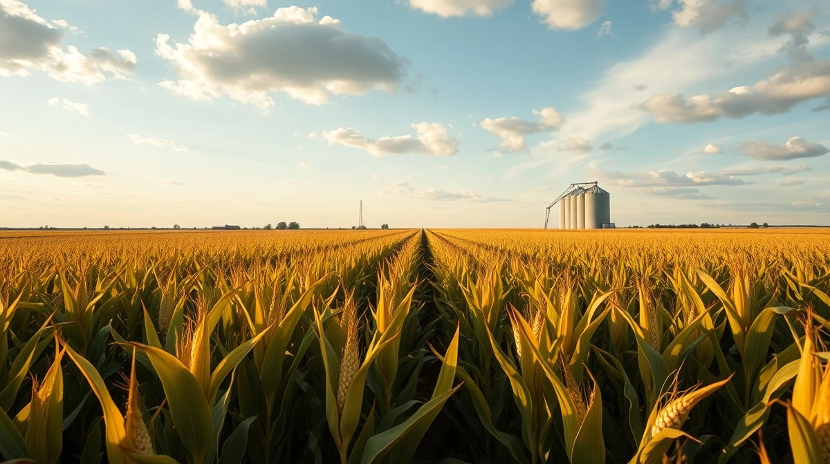 Cornfield under cloudy sky with grain silo in background, representing agricultural commodity markets
