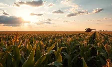 Golden hour view of a Midwestern cornfield with a combine harvester in the distance, representing agricultural commodity markets.