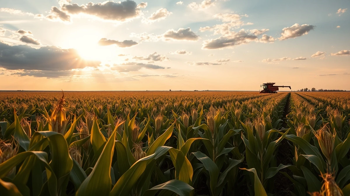 Golden hour view of a Midwestern cornfield with a combine harvester in the distance, representing agricultural commodity markets.