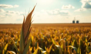 Mature corn stalks in a field under a partly cloudy sky, representing corn commodity markets.
