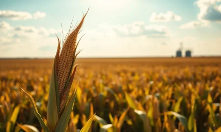 Mature corn stalks in a field under a partly cloudy sky, representing corn commodity markets.