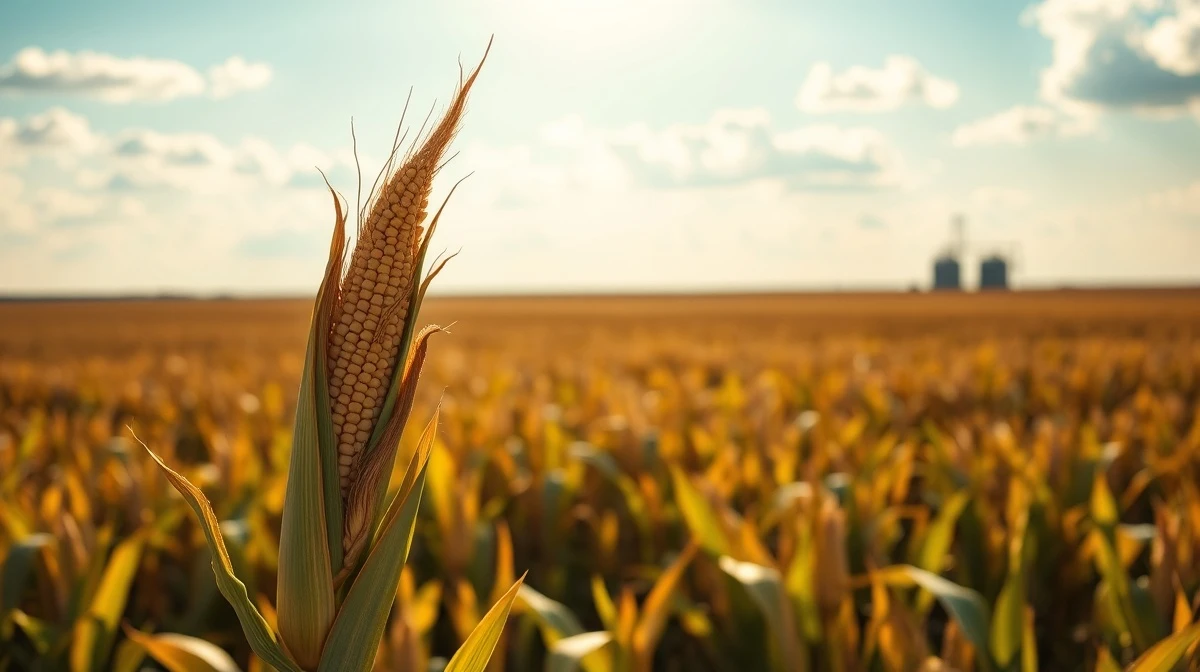 Mature corn stalks in a field under a partly cloudy sky, representing corn commodity markets.