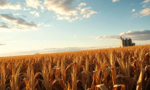 Aerial view of a dry cornfield under a cloudy sky, representing declining corn futures prices