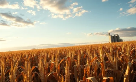 Aerial view of a dry cornfield under a cloudy sky, representing declining corn futures prices