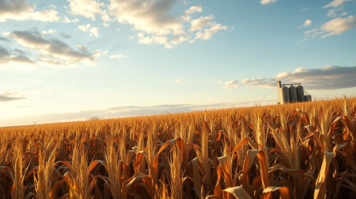 Aerial view of a dry cornfield under a cloudy sky, representing declining corn futures prices