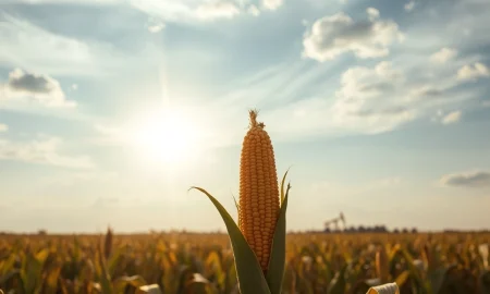 Cornfield with distant oil refinery symbolizing the impact of crude oil weakness on corn futures.