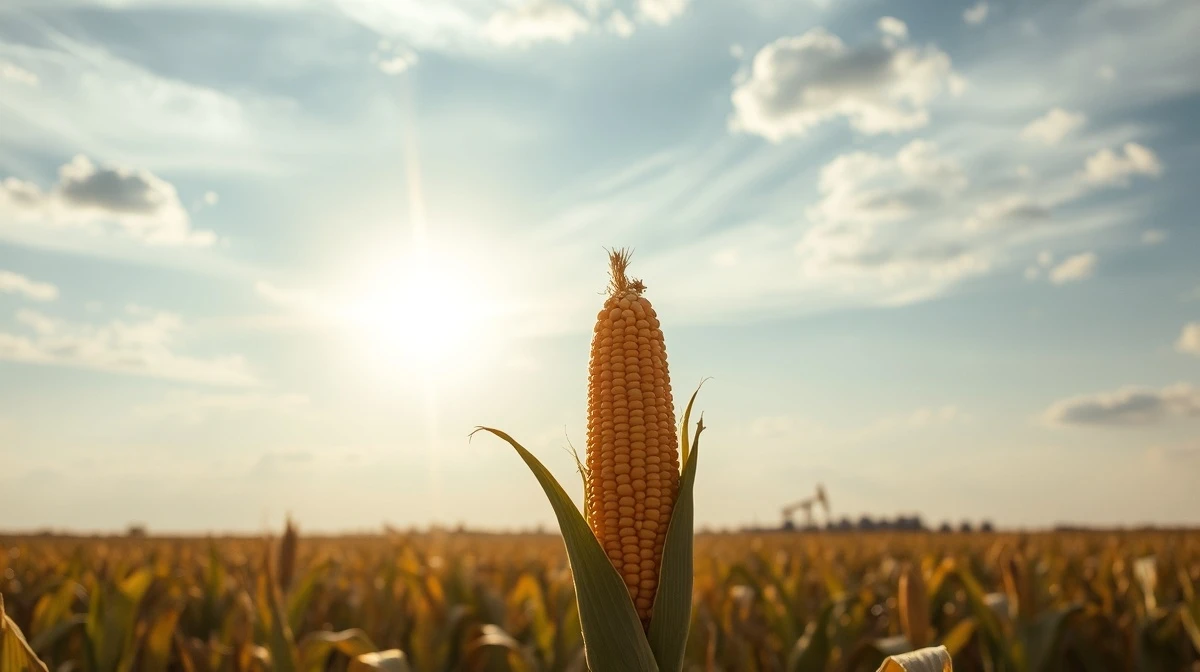 Cornfield with distant oil refinery symbolizing the impact of crude oil weakness on corn futures.