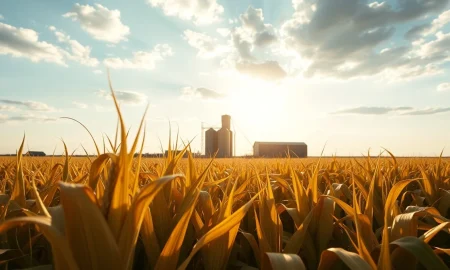 Golden cornfield at sunset with grain elevator in background, representing corn commodity markets.