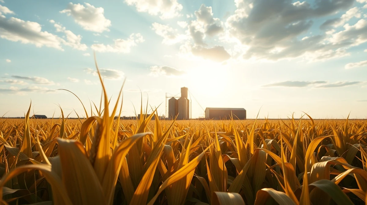 Golden cornfield at sunset with grain elevator in background, representing corn commodity markets.