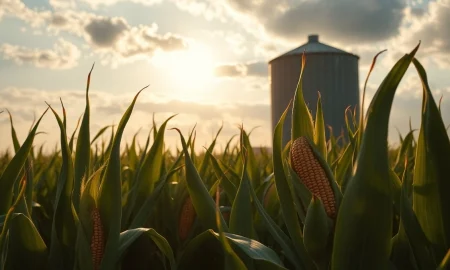 Cornfield under partly cloudy sky with grain silo in background, representing agricultural commodity market conditions