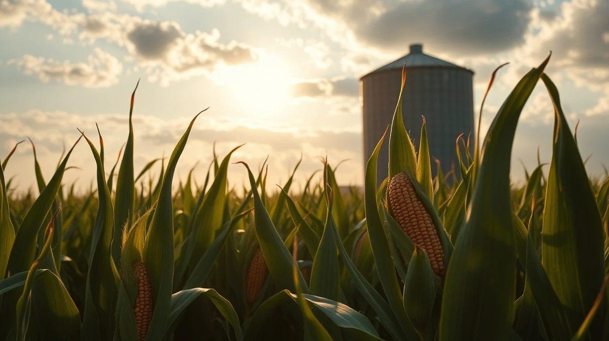 Cornfield under partly cloudy sky with grain silo in background, representing agricultural commodity market conditions
