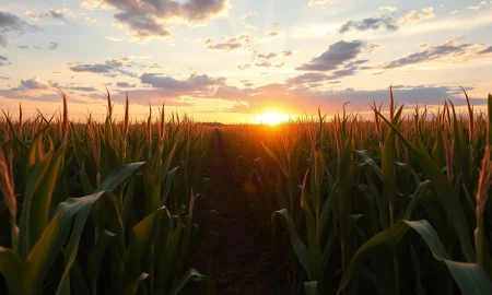 Corn field at sunset with golden light on stalks