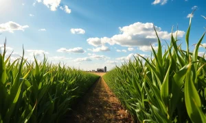 Green cornfield under blue sky with farm buildings in distance, representing corn crop and agricultural markets