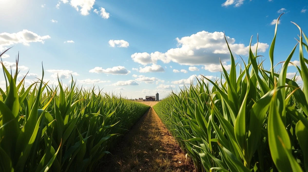 Green cornfield under blue sky with farm buildings in distance, representing corn crop and agricultural markets