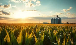 A cornfield with grain silos in the distance under a partly cloudy sky during golden hour.